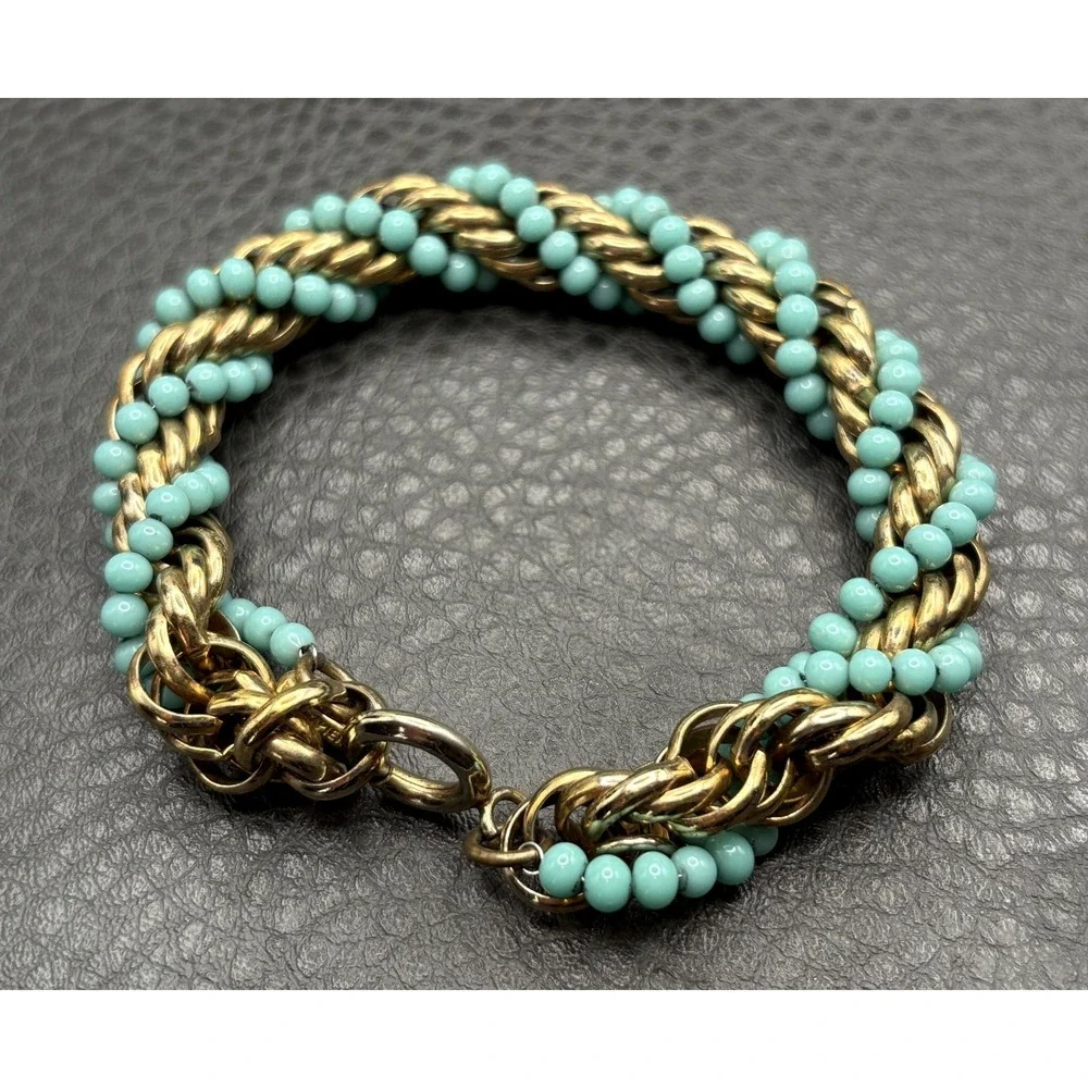 Vintage Faux Turquoise Blue Beads Thick Wide Rope Chain Bracelet Twisted 8.5